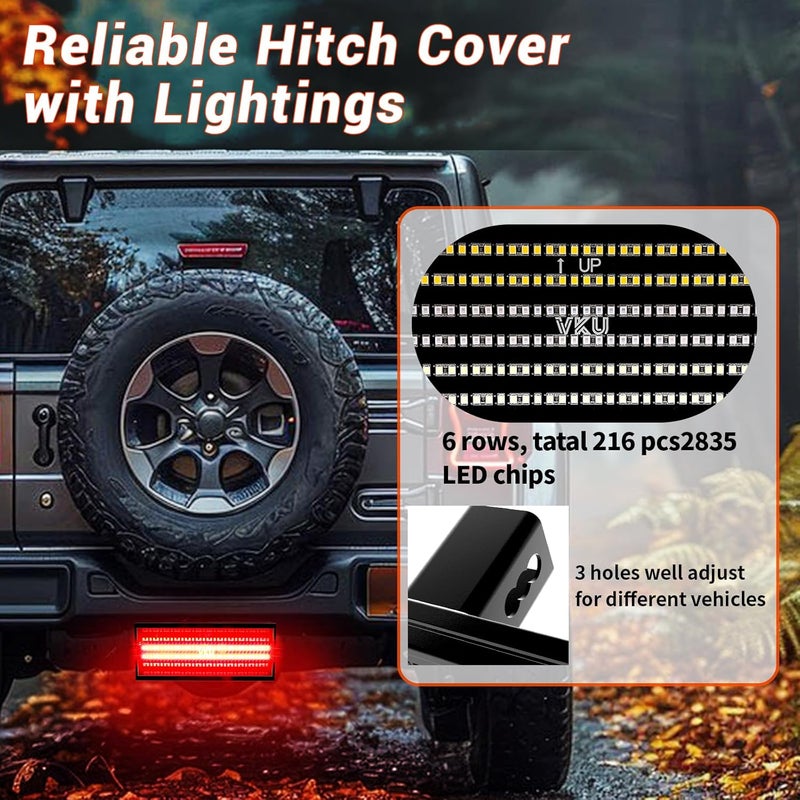 VKU Hitch Cover with LED Light, 6 Rows and 216 pcs LED Chips 6 Mode of Full Lighting Universal Fit 2" Receiver for Towing Truck Chevy (Chevrolet), Ford, GMC, Dodge RAM, Jeep, ATV SUV Van SUV - Image 4